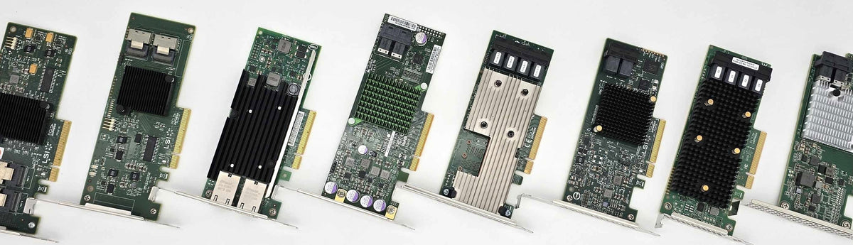 Seven different HBA PCI Express card modules in various sizes and configurations, arranged in a row on a white surface.